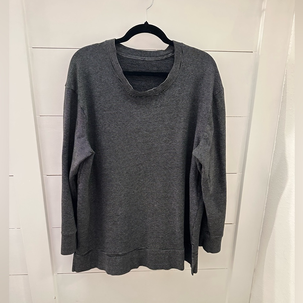 XL Woman grey striped crew neck cotton blend casual comfort sweatshirt